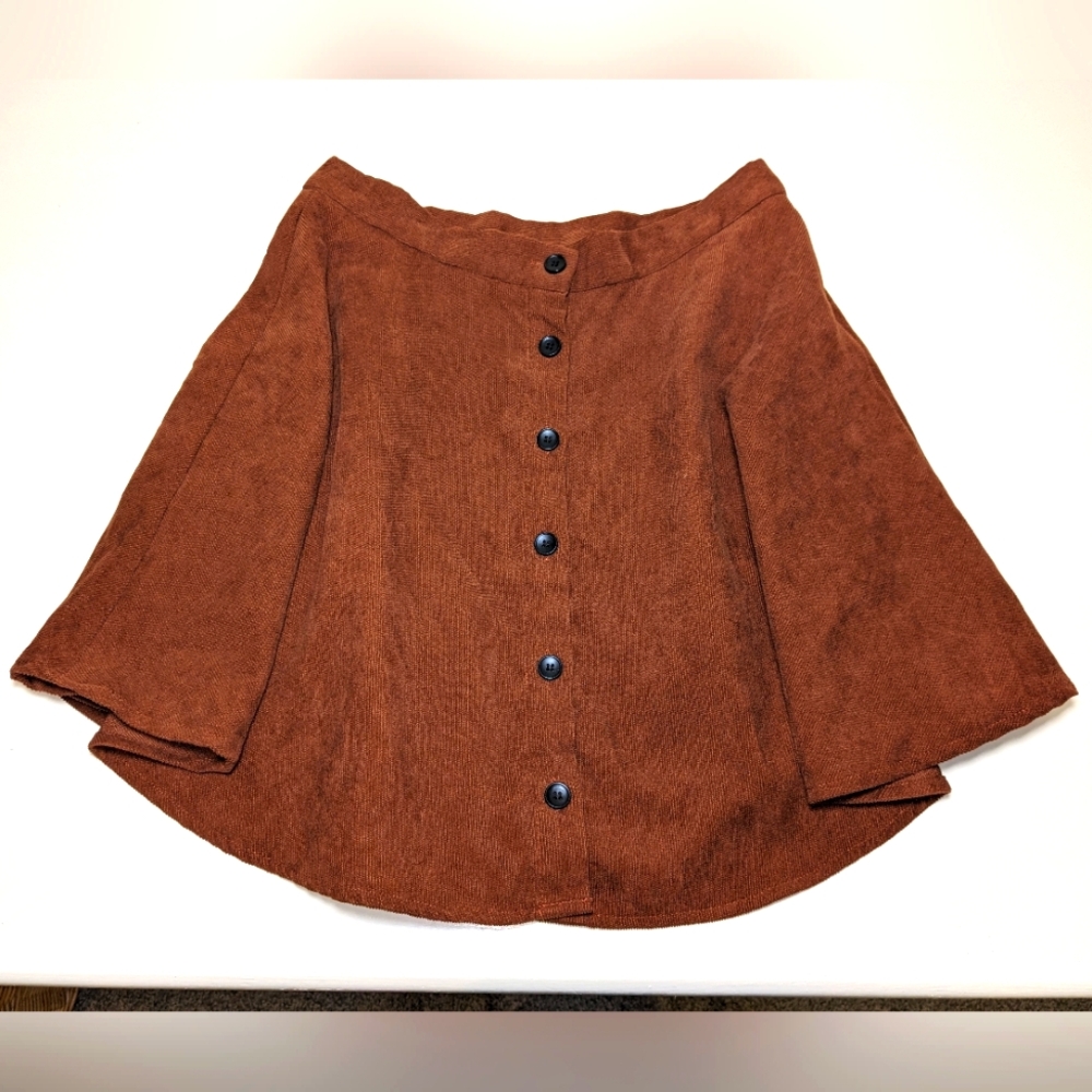 Corduroy 70s Swifty style A-line flare Mini Skirt copper brown button down front